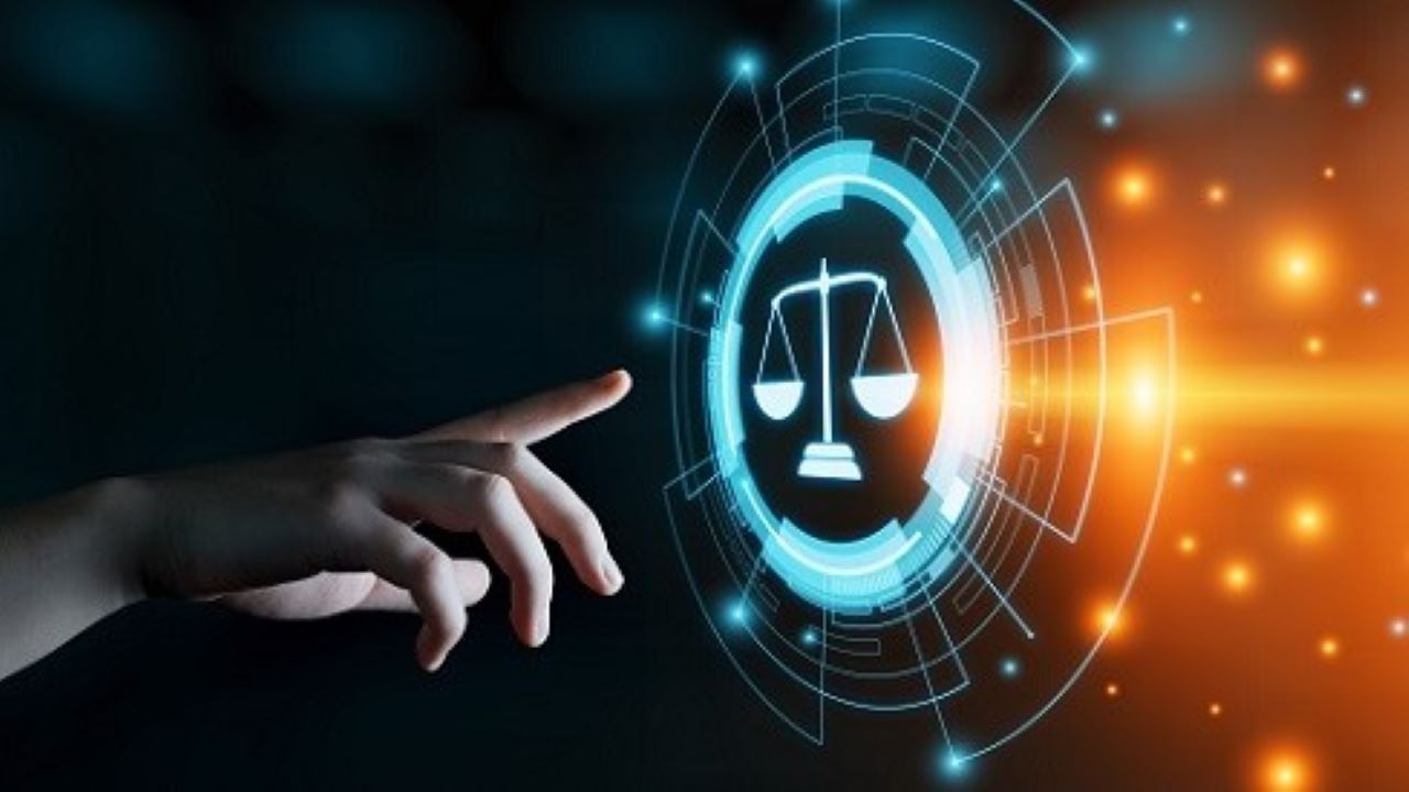 A finger reaching out to touch the screen showing a balance scale in the middle of a circle.